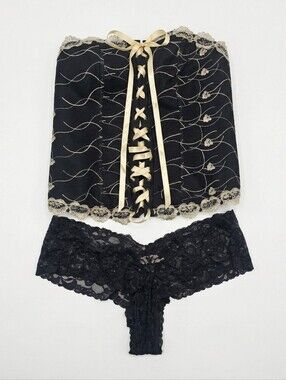 ​Lane Bryant Cacique Corset & Panty Set - Black & Champagne Lace, Size 22/24